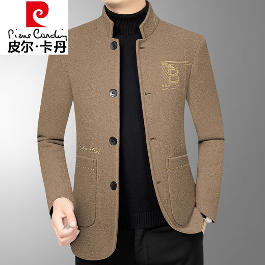 Pier Cardin men's wool jacket autumn and winter style 2025 new autumn woolen jacket men's middle-aged and elderly dad's outfit casual stand collar D6297 shallow coffee 170/M