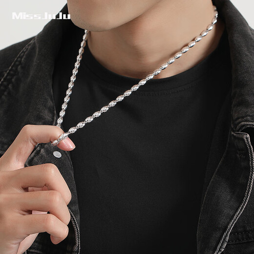 Miss JuJu platinum necklace men's pt950 real white gold olive bead chain fashionable and elegant chain weight 21.34g length 55cm thick about 4.0mm