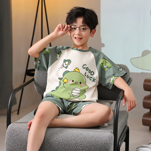 
Boys pajamas summer pure cotton loose short sleeve thin suit children boy medium-sized children dinosaurs wear home clothes XP897 green dinosaur 140 little boy 16 size height 135-140cm70Jin [Jin equals 0.5 kg]