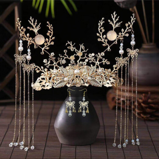 Lingchuan Xiuhe bridal headdress Chinese style wedding simple and elegant Xiuhe step shaking tassel wedding hair accessories ancient costume phoenix crown girl 18365 full set + bracelet ear hook style