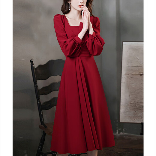 Feshelan Bridal Toast Dress Large Size Fat mm Summer Belly Covering French Red Engagement Dress for Pregnant Women High-end Dress Burgundy (No Bronzing) 2XL _Recommendation 140-160Jin Jin equals 0.5 kg