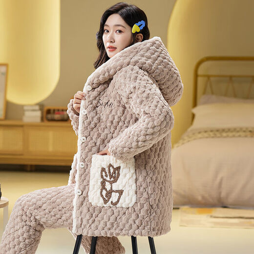 莫代尔睡衣女冬季加厚加绒三层夹棉珊瑚绒保暖可外穿连帽新款家居服套装 6624 -棕色三层夹棉加厚 M[建议80-100斤]