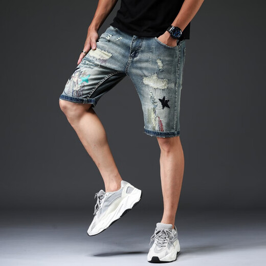 Niu Bafang Neue Sommer -Internet -Promi Stickerei Rippte Haired Cat Whisker Denim Shorts Herrenmodische Marke Persönlichkeit Modetrend Elastischer Sommer -Männer -Denim -Shorts 826 Hellblau Größe 34 (zwei Füße sieben)