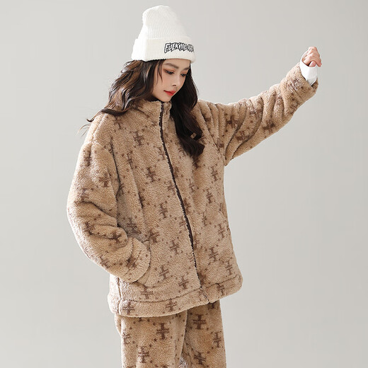 Tessgus Coral Velvet Pajamas Men's Winter Plus Velvet Thickened Suit Casual Large Size Couple Pajamas Flannel Women's Home Clothes Khaki - Men's L