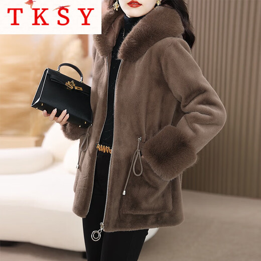 TKSY妈m皮草外套女冬2025新款时尚金貂绒皮毛一体中长款精仿貂皮大衣 咖色 4XL [适合140-165]斤