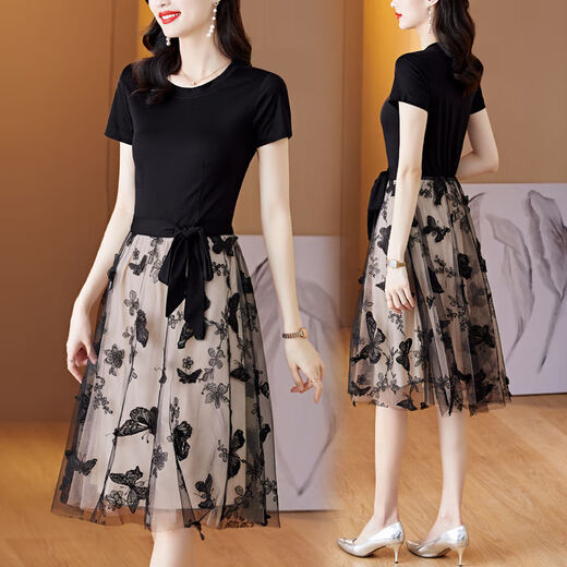 AIMANJIE light luxury brand celebrity temperament high-end dress for women this year's popular skirt for summer new embroidered mesh skirt black XL (recommended 112-122Jin [Jin equals 0.5 kg])
