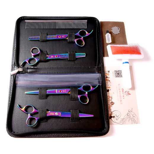 Xuanniao pet scissors household dog hair cutting curved scissors trimming shearing scissors pet grooming scissors tool set purple (straight scissors + curved scissors)