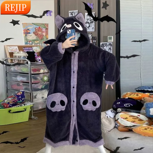 REJIP bat coral velvet pajamas for women, cute couple nightgown, men's winter flannel plush nightgown one-piece home wear set, small bat nightgown (nightgown + pants) XL recommended height [170-178CM]