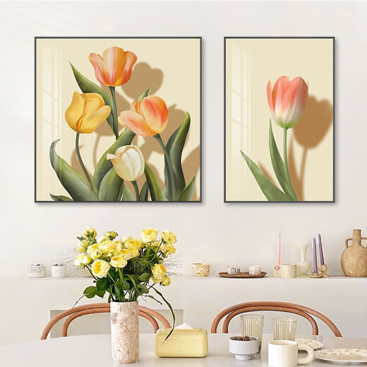 Pintura decorativa del restaurante Nuanju Flower Modern Simple Living Sala Sofá Pintura de pared colgante Nuevo dormitorio Mural T1591 Izquierda 80*80/derecha 60*80cm Film de cristal Marco de metal