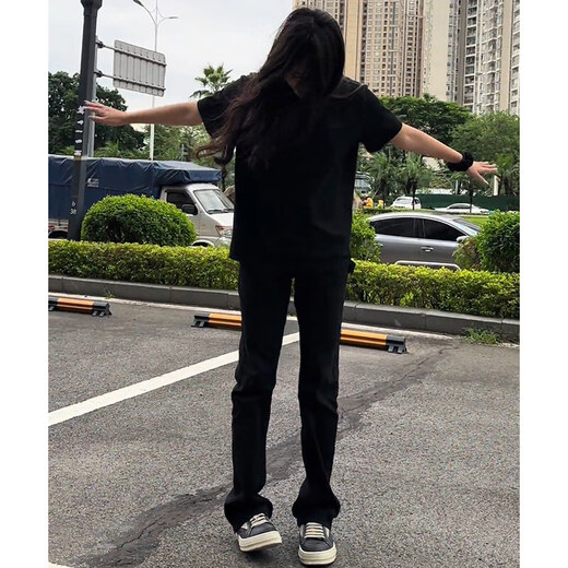 Sijin Fatty Large Size Scissor Jeans Men's Big Butt Slim Vibe Pants American High Street Loose Large Size Micro Flag Pants Black 4XL Suitable for 180-200Jin [Jin equals 0.5 kg]