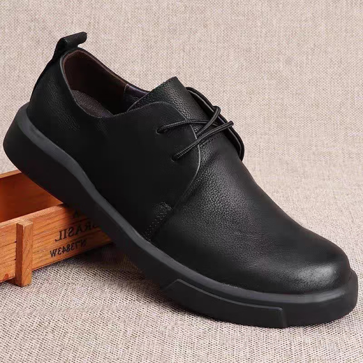 New men's shoes genuine leather thick sole soft sole soft leather comfortable casual shoes round toe lace up men's business casual leather shoes black lace up 40 (250mm)
