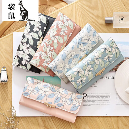 Kangaroo wallet women's large capacity new fashion clutch bag women's long three-fold student wallet mobile phone bag blue
