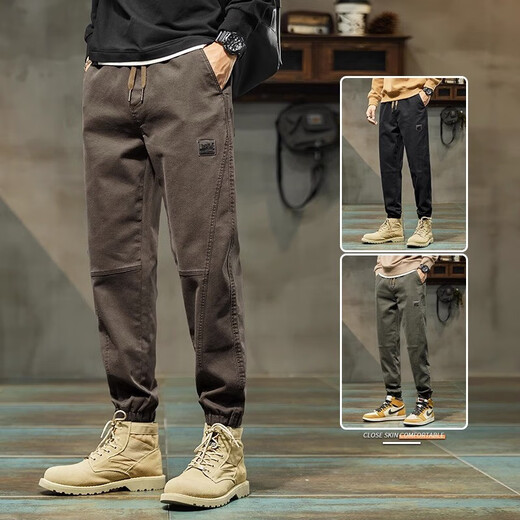 JEANSWEST casual pants for men 2025 spring and autumn new elastic waist tying loose sport nine-part trousers summer men 689 camel regular 4XL 180-190Jin [Jin equals 0.5 kg]