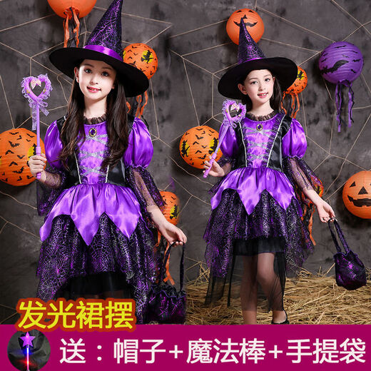 Stoffkatze Halloween Kostüm Kinder 3-12 Jahre altes Mädchen Prinzessin Kleid Halloween Little Witch Kleidung Masquerade Show Rock + Hut + leuchtender Rock + Kürbisbeutel 160 cm
