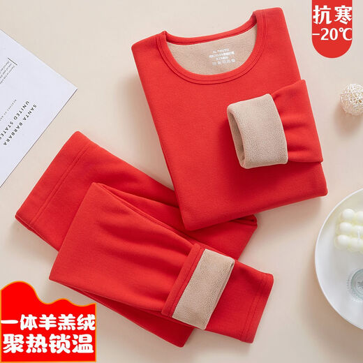 美得哗保暖内衣女士加绒加厚裤秋冬打底防寒高档德绒保暖套装一体羊羔绒 686克左右一体大红色羊羔绒 套装 XL100-120斤145-160CM