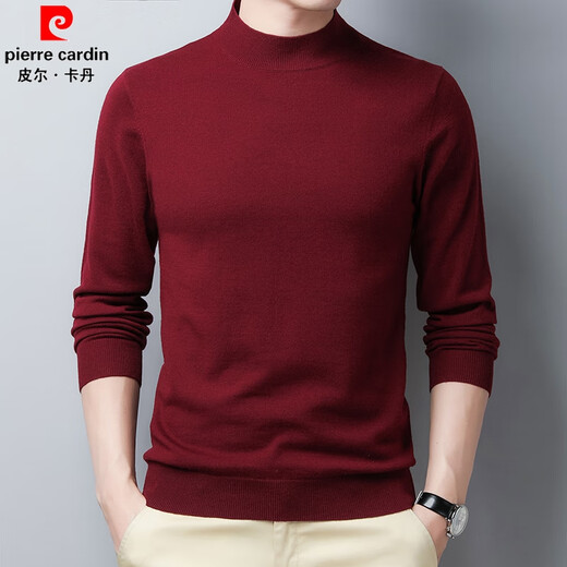 Pierre Cardin 100% wool sweater men's thin half turtleneck sweater middle-aged solid color versatile sweater black 170