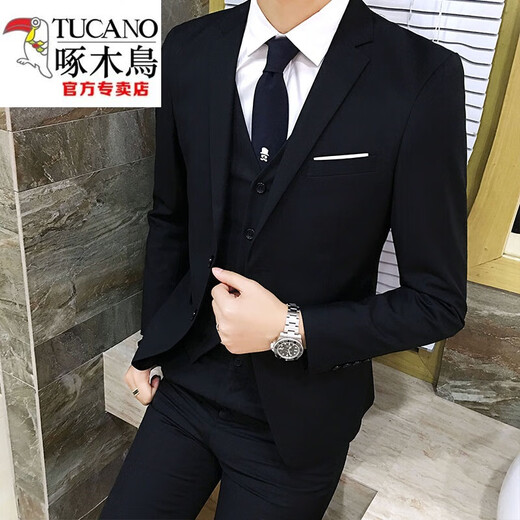 Woodpecker suit men's three-piece suit four seasons Korean version slim small suit professional formal groomsman groom wedding dress black suit + trousers + shirt XL 120-130Jin Jin equals 0.5 kg