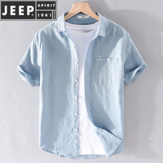 
JEEP SPIRIT men's linen short-sleeved shirt linen men's fashion casual cotton linen shirt summer top white 9711 with pockets on chest 4XL