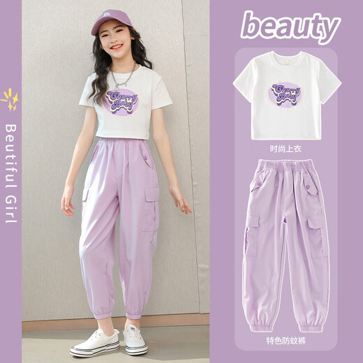 Girls' summer dress fashionable new children's short-sleeved suit summer thin medium-sized children's casual two-piece set 16012 purple + 9889 white 140 CM