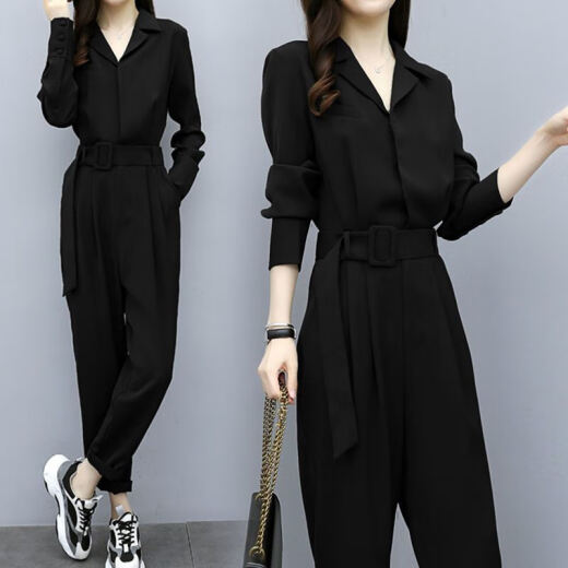 Xin Chenxi Army Green Jumpsuit Women's 2020 Spring and Autumn High Waist Slim Drape Pants Workwear Small Feet Jumpsuit Suit Black XL