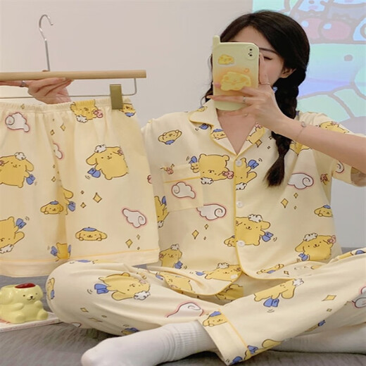 
Youshifei KT cat pajamas for women in summer short-sleeved trousers three-piece cardigan loose cotton cute thin style student home 14134# Duo Pin Kulomi [Three-piece set] 2XL (135-155Jin [Jin equals 0.5 kg])