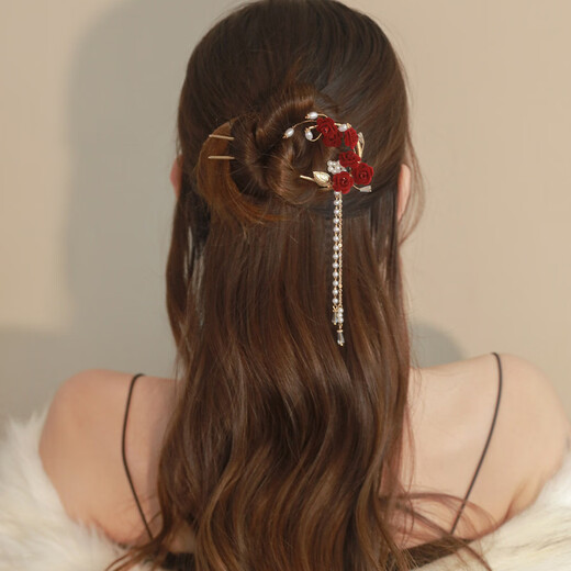 Wanbaozi Red Rose Tassel Hairpin High-end U-shaped Hairpin Women's Ancient Style Cheongsam Bridal Toast Wear Headwear Gold