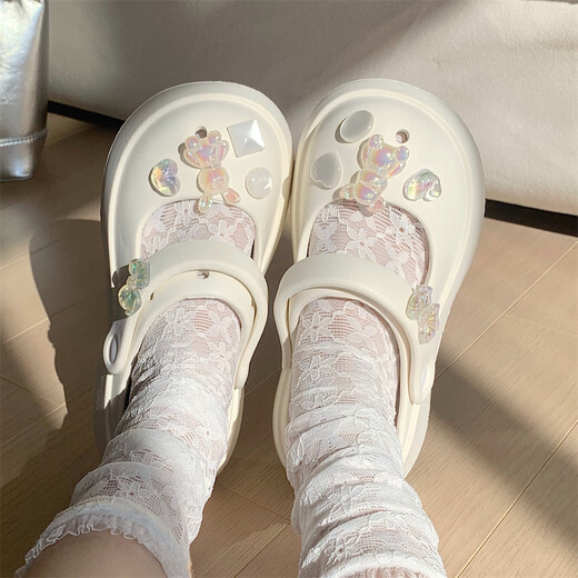 细细条（XIXITIAO）仙女洞洞鞋春夏时尚网红外穿甜美水钻玛丽珍拖鞋沙滩鞋ins 奶油白 35-36