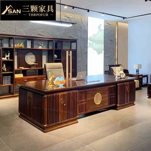 Three Furniture Black Gold Wood Desk Boss Desk New Chinese Style Solid Wood Executive Desk Light Luxury Chairman's Desk Office Furniture 3.6 Meter Black Gold Wood Desk