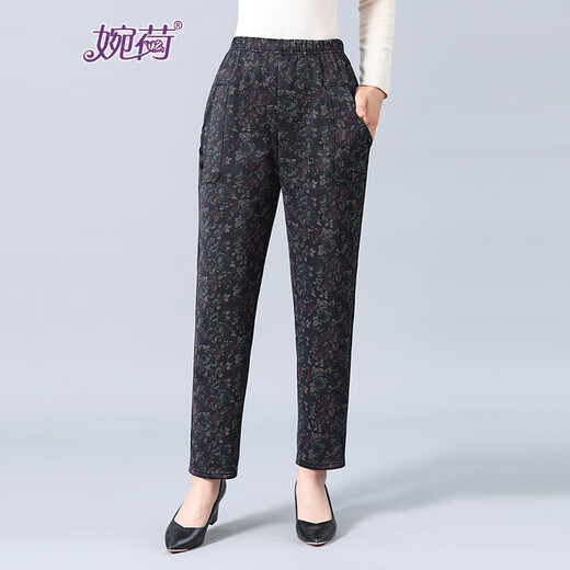 Wanhe winter clothing for middle-aged and elderly people, cotton pants, women's pants, mother's pants, winter thickened outer wear, loose plus velvet elastic waist, 60-year-old 70-year-old lady, winter high-waist print, black flower 3XL