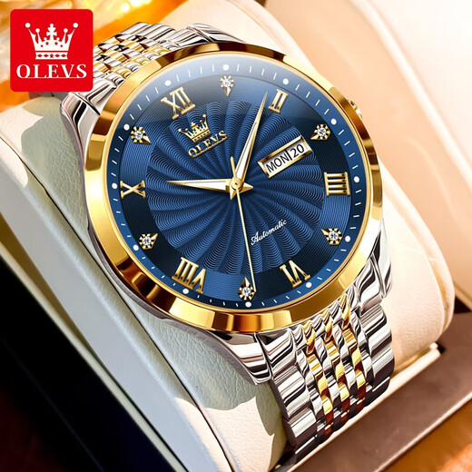 
OLEVS Swiss certified brand watch men's mechanical watch fully automatic luminous waterproof men's watch high-end men's watch double calendar OLEVS-6630 men-steel belt blue