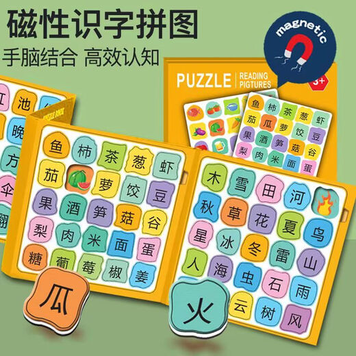 Puzzle d'alphabétisation magnétique Enfants âgés de 4 à 6 ans, jouets éducatifs 3 tout-petits 5 bébés apprennent les cartes de caractères chinois et les autocollants magnétiques. Chapitre de reconnaissance d'images (50 images au total)