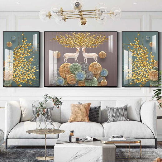 铃桐发财福鹿客厅装饰画简约现代三联挂画墙画欧式轻奢沙发背景墙壁画 15269-1-2-3NX黑框*] 边40*60中80*60布纹膜A