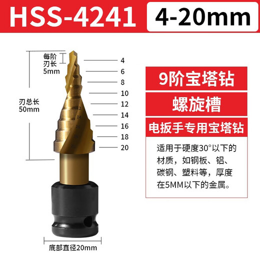 ZEIROU step drill bit pagoda drill bit electric wrench special woodworking extension rod industrial grade stainless steel multi-function opening spiral groove 4-20mm