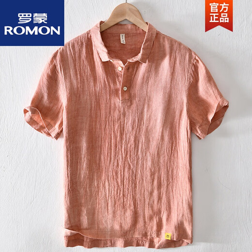 罗蒙（ROMON）中国风亚麻翻领短袖t恤男有带领麻布男装棉麻料T宽松衬衫领上衣服 msp795卡其色 M 120斤左右