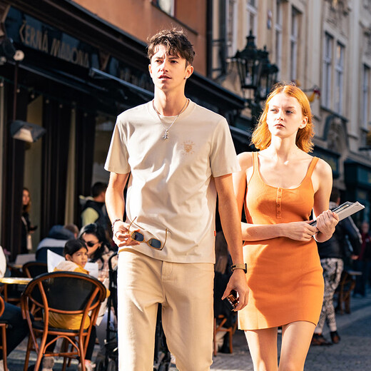 Mr. BU BU Mode gedruckt pure Baumwoll-T-Shirt 2025 Frühlings- und Sommer-Runde Nacken Kurzarm einfach und vielseitig GT15253 Yami Apricot M (170)