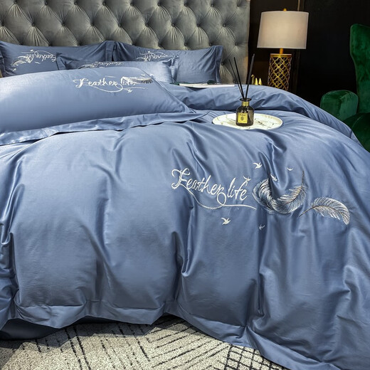 Antarctic (home) summer 60 long velvet cotton bed four-piece set pure cotton 100% cotton hotel quilt cover bed sheet double bed cover supplies Feiyu Bentley Blue-60 long velvet cotton 1.5m bed [foot cover four-piece set]