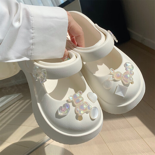 细细条（XIXITIAO）仙女洞洞鞋春夏时尚网红外穿甜美水钻玛丽珍拖鞋沙滩鞋ins 奶油白 35-36