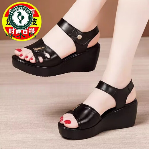 Holzspecker Echtes Leder mit weicher Locked Heeled Mutter Sandalen für Frauen im Sommer Neue wasserdichte Plattform Dick-Soled Anti-Rutsch mit mittlerem Haufen Fischsandalen mit mittlerem Haufen schwarze 38 38