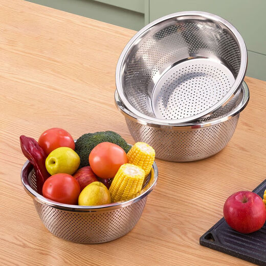 Camellia (CHAHUA) Zhenxiang stainless steel vegetable washing and draining basket household kitchen drain basin rice cleaning artifact drain basket 26 cm vegetable basket