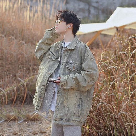 
POUM jacket men's spring and autumn new American high street old denim jacket men's loose trendy retro handsome high-end CXPF-693 gray XL