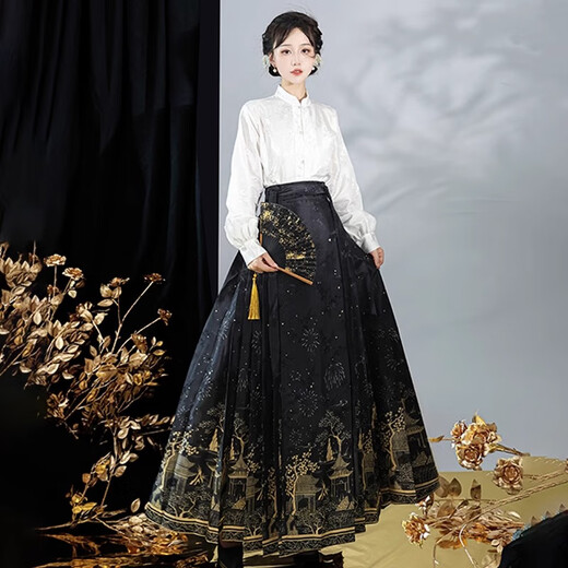 Yishangmei Horse Face Rock Frauen voller neuer chinesischer Hanfu-Frauenkleid für Erwachsene kleiner Sommer 2025 Neues chinesisches Stil Kleid schwarz [Goldener Pferdsgesichtsrock + weiße Top] l [geeignet für 115-130jin [Jin gleich 0,5 kg]]]