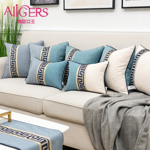 Avigers cotton and linen sofa pillow cushion new Chinese style large pillow office car waist backrest cushion without core customized dark blue stripe mid-piece azure white 45cm*45cm jacket + inner core