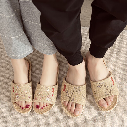 熠牧夏季中国风亚麻拖鞋男女居家情侣防滑软底家用地板绣花麻布凉拖鞋 女款梅花红 37-38 (250mm) 女款