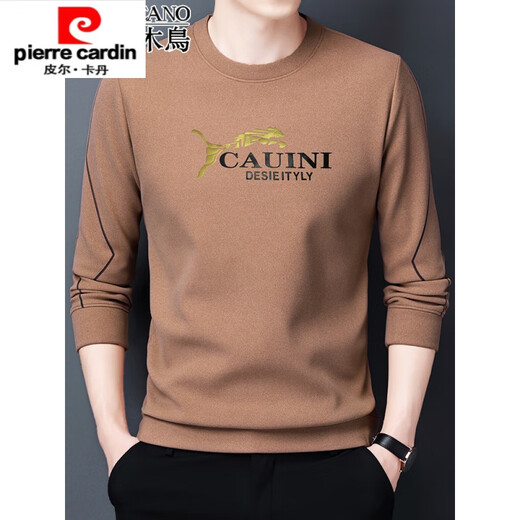 Pier Cardin high-end pure cotton long-sleeved T-shirt for men for men loose round neck sweatshirt for men autumn top T-shirt base shirt trendy men's clothing 9929 camel color 175/XL suggestion 135-150Jin [Jin equals 0.5 kg]