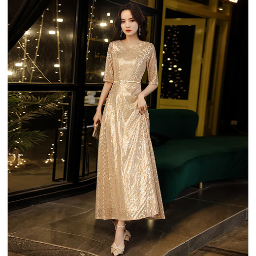 Seidler champagne color evening dress for women 2025 new dress high-end wedding dress noble wedding mother wedding banquet dress young gold XL (recommended 116-125 Jin Jin equals 0.5 kg)