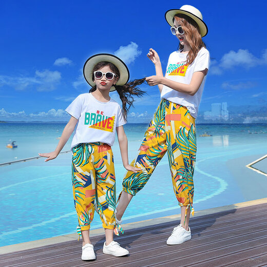 BUBBLE ORANGE summer parent-child suit beach family outfit family of three or four mother and daughter short-sleeved T-shirt beach travel vacation letter white suit/top + pants mother size S (recommended weight 95Jin Jin is equal to 0.5 kg or less)