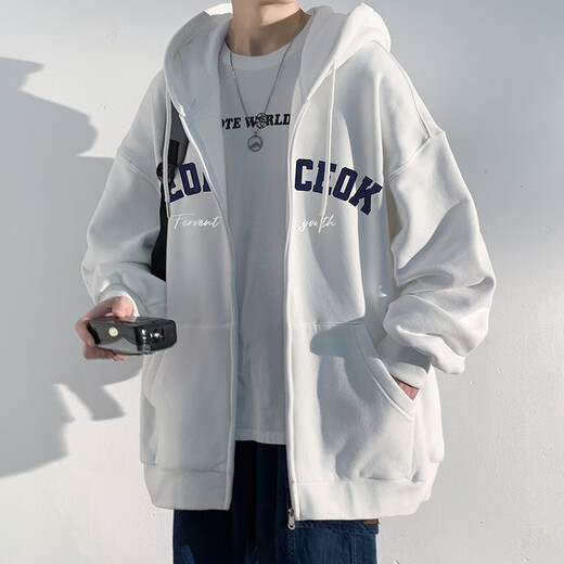 百鹊亭夹克男2025春夏季美式潮牌运动连帽开衫外套男青少年时尚卫衣男 杏色 L