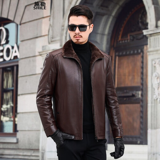Schler Haining Genuine Leather Jacket Men's Autumn and Winter New Plus Velvet Leather Jacket Men's Middle-aged Lapel Fur All-in-One Men's Leather Jacket Casual Fur Jacket Winter Style Brown [Fur All-In-One] L/175