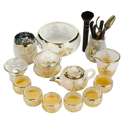 Langting Yafang high-end tea set set, glass pure handmade kung fu tea cup set, home office gift teapot cover bowl, glass set (large set) 14 pieces