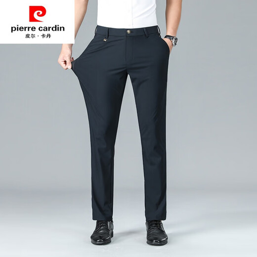 Pier Cardin Pantalones casuales de seda de hielo de gama alta para los pantalones de traje de hierro recto delgado de verano de los hombres pantalones de mediana edad pantalones estiramientos azul marino 33 (2 pies 6)